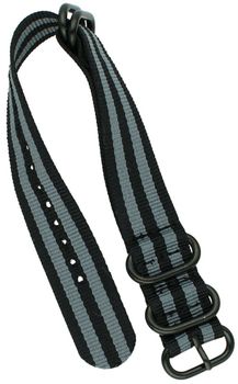 Pasek do zegarka NATO 006 w kolorze czarnym i szarym. Nylonowy, parciany, długość 26 cm, szerokość 20 mm. Idealny do zegarków sportowych i codziennych.2.jpg